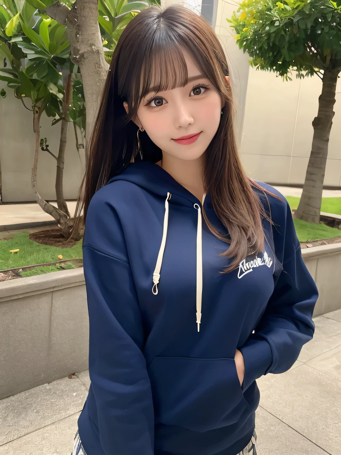 ((Top Quality, 8K, Masterpiece: 1.3)), Focus: 1.2, Perfect Body Beauty: 1.4, Ass: 1.2, ((Layered Haircut, Small: 1.2)), (Wet Clothes: 1.1), (Rain, Street: 1.3), Blue Hoodie: 1.1, Highly Detailed Face and Skin Texture, Narrow Eyes, Double Eyelids, Whitening Skin, Long Hair, (Shut Up: 1.3), Smile