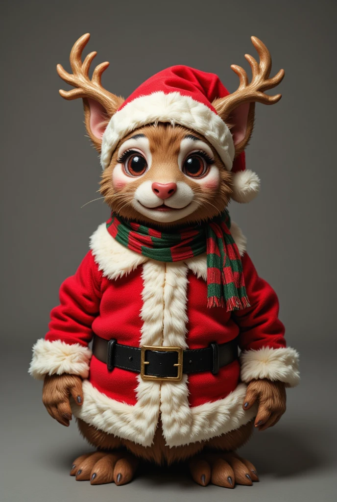 A cute and unusual animal born from Christmas, full of energy and making a fuss, fluffy, round shaped, and dressed in Christmas colors, ultra detailed, absolutely resolution, masterpiece