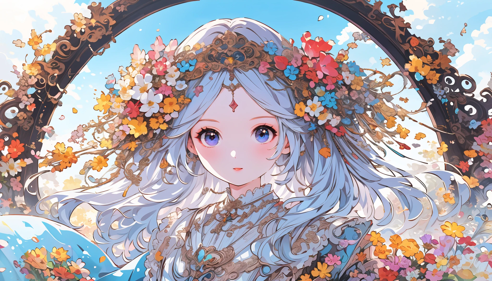 (masterpiece), (best quality), illustration, super detailed, high dynamic range, depth of field, (colorful), ,,This is a masterpiece that exudes exceptional quality. The illustration is ultra-detailed, Using HDR technology to create a sense of depth. Theme is original, beautifully, and beautiful artwork, bright colors,Full of fantasy elements.girl sitting in the middle of the archway, behind is a field of colorful flowers. Full body 1:2, Long hair. The tranquil and dreamy atmosphere gives the whole scene a charming temperament.. Her pale complexion, sparkling blue eyes, silver hair decorated with flowers,Create a captivating portrait. She wears ta style fashion, poker face,shut your mouth. Backgrounds range from white, transparent, Loop options, There are also flying translucent blue butterflies,Add vitality.super wide angle