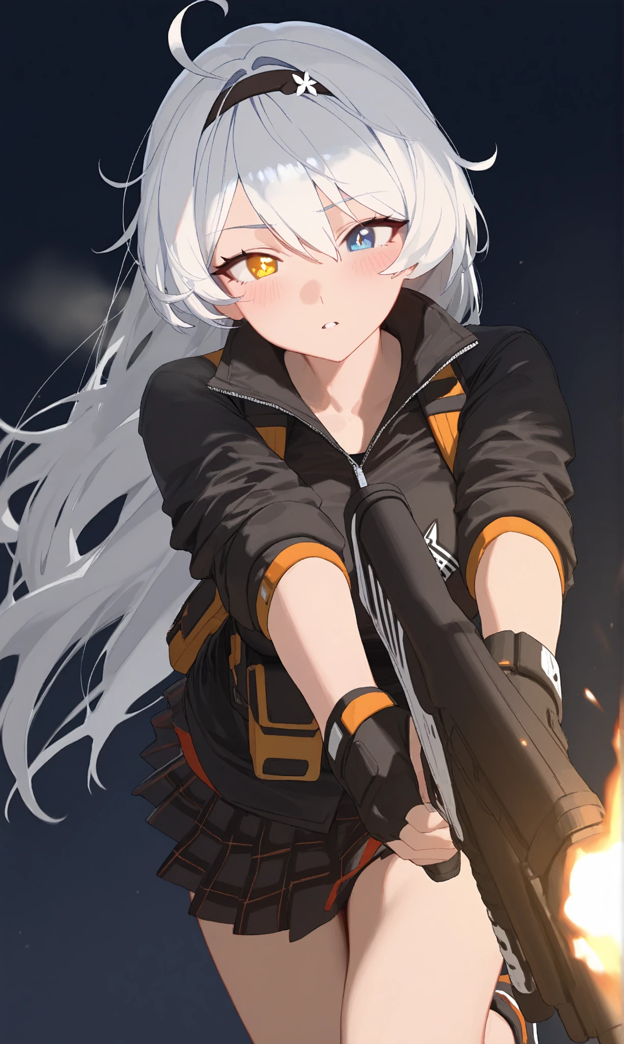 1girl, kiana kaslana \(honkai impact 3\), HoV, Silver hair, ahoge, long hair, yellow eyes, symbol-shape pupils, blush, heavy breath, airseal, (ciloranko:0.75), from above, dutch angle, feet out of frame, beretta 1301, shotgun, foreshortening, leaning forward, muzzle flash, steam, bulletproof vest, fingerless gloves, firing, holding gun, holding weapon, looking looking at viewer, parted lips, froating, (shade:1.2), (orange theme:0.7), pleated skirt, standing on one leg, sidelocks, sleeves rolled up, solo, dust cloud, light particles, depth of field, black background, (leviathan \(hikinito0902\), modare:0.75), masterpiece, best quality, good quality, newest, year 2024, year 2023