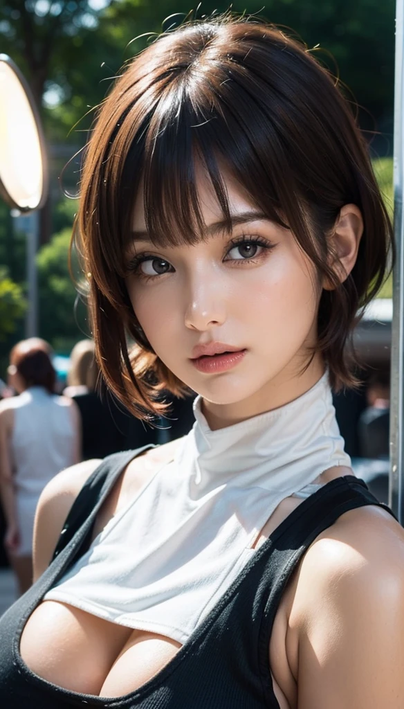 ((Beautiful Face:1.2)),((realistic:1.2)),Best Quality, 1peopleの女の子, (skeindentation), ((Natural Huge breasts:1.4)), (blur back ground:0.6), (street:1.2), (people々, crowd:1), garden, day, Outdoor, (Casual yet stylish, Elegant fabric, high ),((Wear a tight sleeveless high neck dress:1.5)), ((No bra:1.2)),nice, (bangs, Short Hair:1.5), (Floating Hair:1.2), (Dynamic pose:1.2), Soft lighting, wind, (Front light:1.5),  makeeup, 