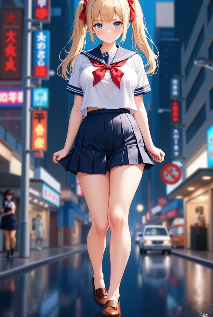 (masterpiece), best quality, expressive eyes, perfect face,girl, 1 girl, 18yo, Blonde, twintails, (big titts), dark blue eyes, (serious high school girl), school uniform,  sailor suit, middy uniform, (white shirt), red ribbon, (((((walking street))))), wet hair, standing, (brown school shoes), (full body), ((tsurime)), long shot, smile, ((( evening cityscape))), Vivid street lights and neon signs, ((( shot from the side)))