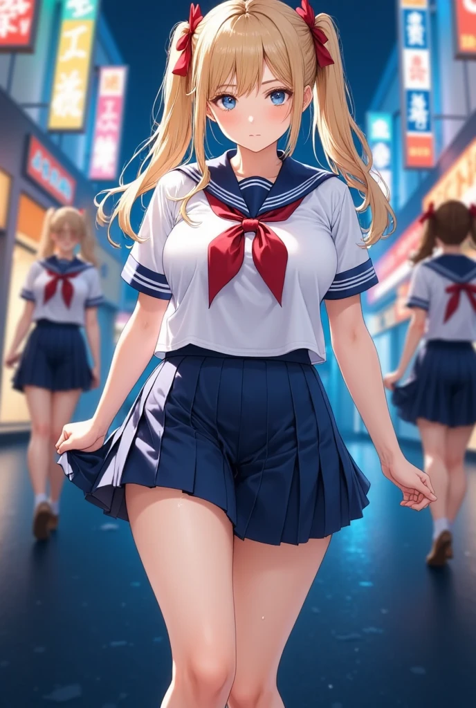 (masterpiece), best quality, expressive eyes, perfect face,girl, 1 girl, 18yo, Blonde, twintails, (big titts), dark blue eyes, (serious high school girl), school uniform,  sailor suit, middy uniform, (white shirt), red ribbon, (((((walking street))))), wet hair, standing, (brown school shoes), (full body), ((tsurime)), long shot, smile, ((( evening cityscape))), Vivid street lights and neon signs, ((( shot from the side)))