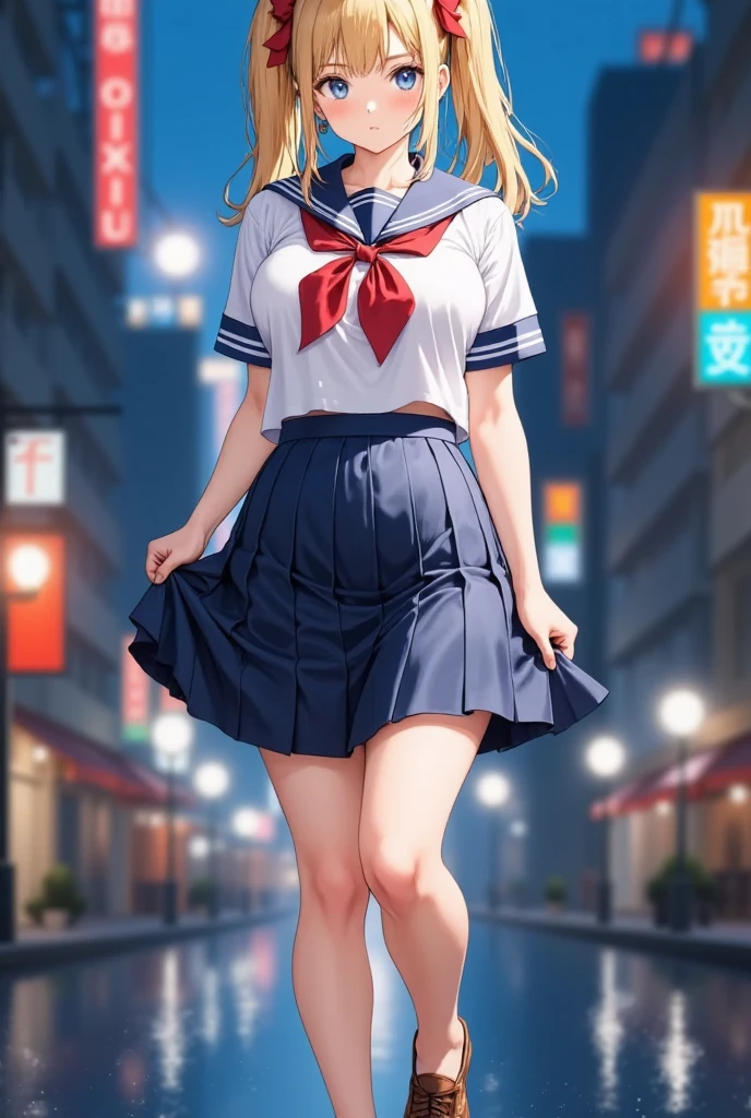 (masterpiece), best quality, expressive eyes, perfect face,girl, 1 girl, 18yo, Blonde, twintails, (big titts), dark blue eyes, (serious high school girl), school uniform,  sailor suit, middy uniform, (white shirt), red ribbon, (((((walking street))))), wet hair, standing, (brown school shoes), (full body), ((tsurime)), long shot, smile, ((( evening cityscape))), Vivid street lights and neon signs, ((( shot from the side)))