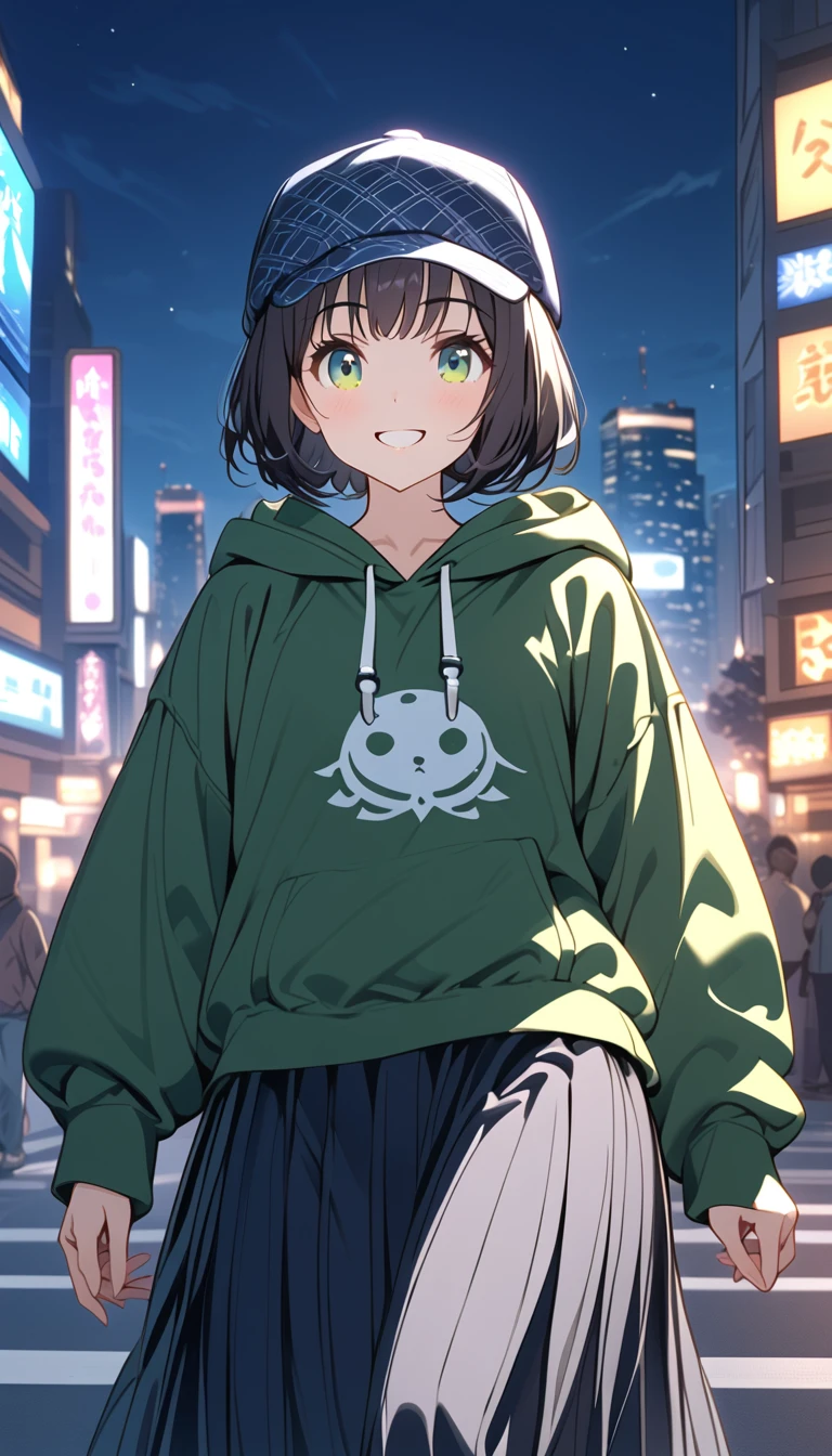 {{{masterpiece}}}, {{{ top quality}}}, {{ Ultra Detailed }}, { beautiful,  detail eyes},  1 girl , Alone, (( black hair)),  bob cut, (( green eyes)), (Hairy hair ), (pattsun maegami), Black headphones, , (かわいい黒の柄物 hoodie), cute black patterned hat,( cute black long skirt ), smile showing teeth ,pattsun maegami,Midea, hoodie, jade colored eyes,Night City,Only the eyes are shining
