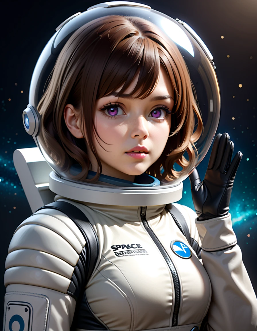 a girl in a spacesuit, white overalls, floating in space, wearing a bubble helmet and gloves, looking down at the viewer, alone, beautiful detailed eyes, beautiful detailed lips, extremely detailed face, long eyelashes, brown hair, bangs covering eyebrows, purple eyes, short curly hair, waving, full body, best quality, 4k, 8k, highres, masterpiece, ultra-detailed, realistic, photorealistic, HDR, UHD, studio lighting, ultra-fine painting, sharp focus, physically-based rendering, extreme detail description, professional, vivid colors, bokeh, space, sci-fi, concept art