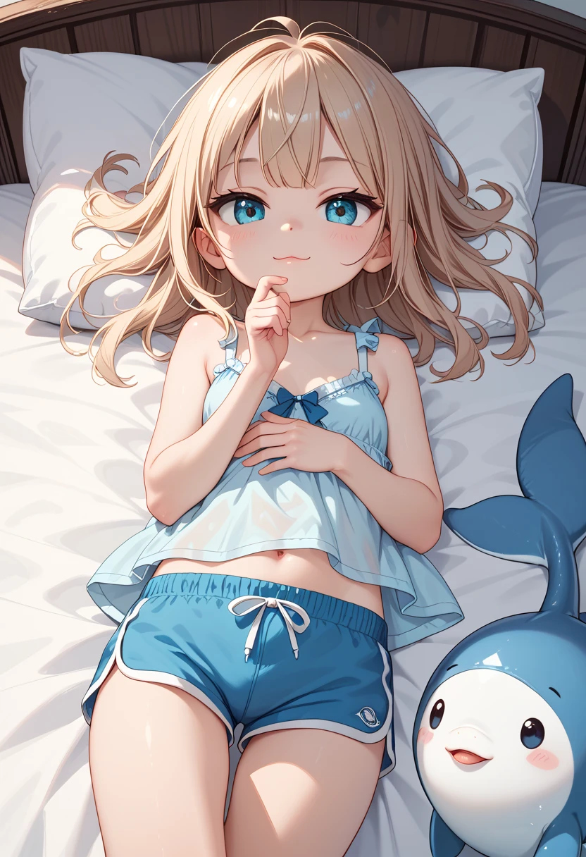 Cute young small little sister laying in bed relaxing wearing a cute nightgown and dolphin shorts, small young petite pre-teen 