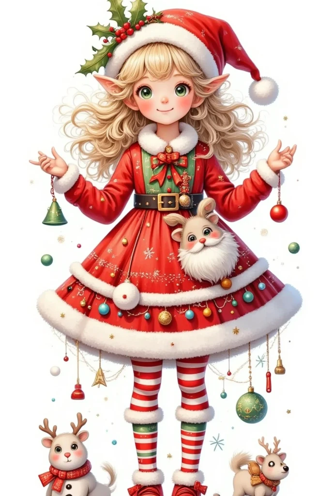  A Lovely Girl 。 big green eyes 。 blonde hair。With a Christmas hat。Wear a dress with Christmas elements。