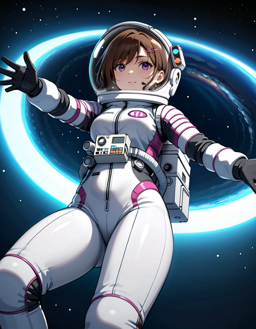 (Space suit:1.15),  White sweatpants , astronaut)bubble helmet, space helmet, Gloves , ,  looking closely at you , Outer Space, floating, masterpiece,  top quality, 1girl, beautiful,   Image from below ,  solo , Higuchi circle ,  Brown Hair ,  Eyebrows covered by hair, hairpin,,   Purple Eyes , short hair, curls, difficulty breathing, Smile, wave, fullbody