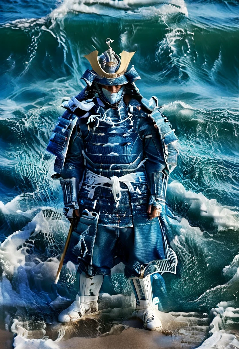 all color blue and made of jeans,one white man, whole body head to feet, looking at viewer, stands upright, hands down, wearing Japanese traditional Samurai Armor and helmet,Armor is made of denim,jeans all over the body.Armor color all denim blue,no metal,shiny armor, ocean wave background,8K,realism