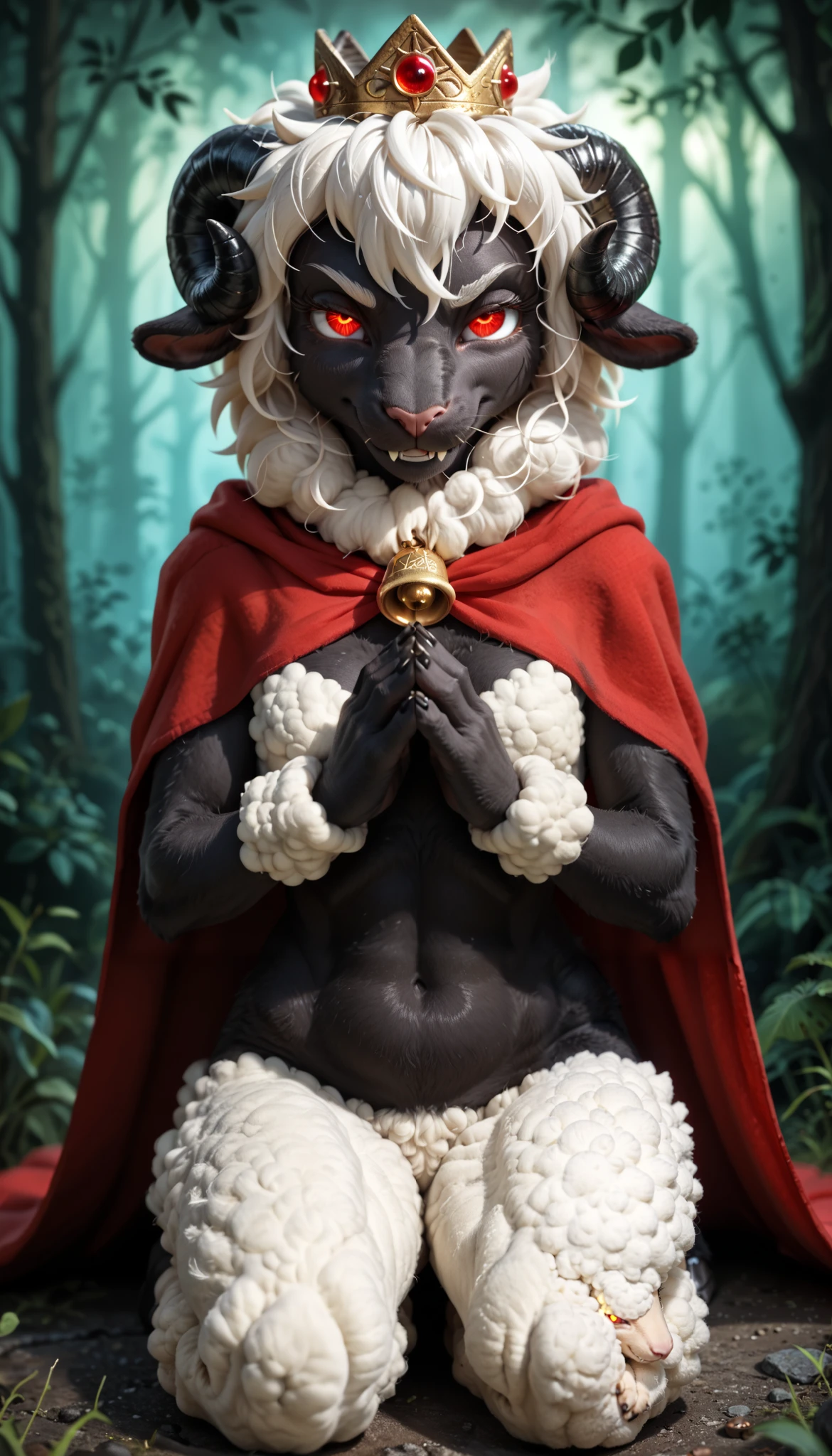 (zPDXL2), (PonyXLV6_Scores), rating_questionable, Expressiveh, full body shot, BREAK
lhata4564, d3t41l3d,
wildlife photography, depth of field, (((Nighttime))),
female anthro sheep, sheep girl, cute-fine-face, ultra cute face, cute, flat chest, small breasts, detailed and fluffy body fur, toned body, fangs,
glossy black skin, shiny white wool, glossy black fur,
((reflective eyes)), expressive eyes, detailed big hands, symmetric body, symmetric face,
red crown, golden bell collar, detailed red cape, (horizontal pupils), red eyes, glossy black horns, glossy wool,
((breast wool)), furry crotch, leg wool, arm wool, hair over eye,
kneeling on (pentagram), ((praying, half closed eyes)), smirk, (angry eyes), three quarter view, (low angle:0.5), glowing body, fissures on ground,
uploaded on e621, by dagasi, by loimu, by hioshiru, fapuclaws, fapuhooves,
dark nighttime forest, midnight, nightmare,
detailed background, Ray tracing, concept art, highly detailed, ((masterpiece)), ((best quality)) cinematic composition, ultra realistic, (high detail:1.3), sharp focus,