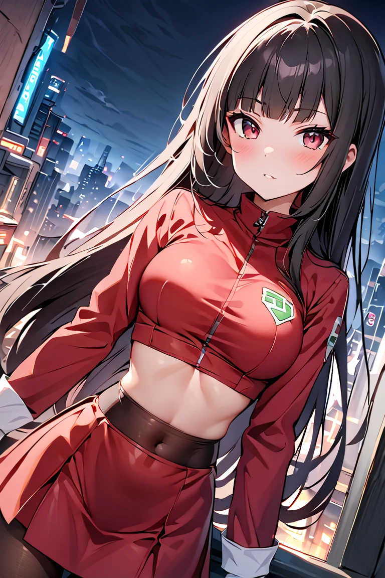 ( top quality, 4K, masterpiece :1.3),  beautiful women,  1 girl, (Chest, Attractive body :1.2),  super detailed face,  beautiful eyes, score_9, score_8_up, score_7_up,  source_Anime,
 Pokemon Sabrina ,  Pokemon Sabrina ,  black hair,  long hair, bangs, blunt bangs,  red eyes, hime cut,  side lock, white pupils,
 jacket,  crop top,  bodysuit ,  covered navel , midriff, red  jacket,  turtleneck ,  side slits,  gloves, white  gloves,  Long Sleeve ,  pantyhose,  skirt, red  skirt,  boots, red  boots, socks, yellow socks, knee socks,
 outdoor, cityscape,
 watching viewers,  Cowboy Shot ,  Dutch Angle ,