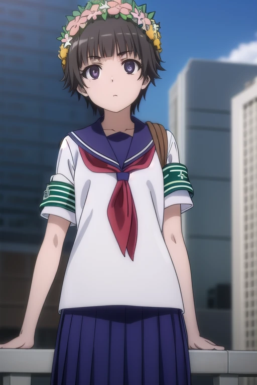 uiharukazari, Uiharu Kazari, ( dark eyes:1.5),  black hair, flower, hair flower,  hair accessories, Head Wreath,  short hair,
break armband, sakugawa  school uniform,  school uniform, Sera Clothing,  skirt,  Summer Uniforms,  neckerchief , red  neckerchief ,  blue sailor color, Blue Card, Short sleeve,
break outdoor, city, null,  moon, cloud,
break looking at viewer, ( Cowboy Shot :1.5),
break (masterpiece:1.2),  top quality,  high definition ,  Unity 8K Wallpaper , ( illustrations:0.8), ( Beautiful Detailed Eyes :1.6), extremely detailed face, perfect lighting,  very detailed CG, (perfect hand,  Perfect Anatomy),