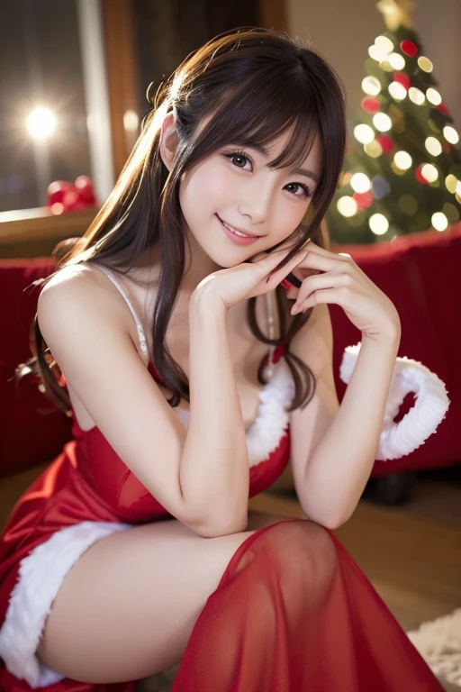 A Japanese model wearing a bright red Santa cosplay poses for a photo shoot、A bright red costume 、Santa's mini dress 、Beautiful legs that stretch smoothly、 looking at camera、 Detailed Beautiful Eyes 、  cute smile、  a soft and gentle expression 、  Christmas tree in the background 