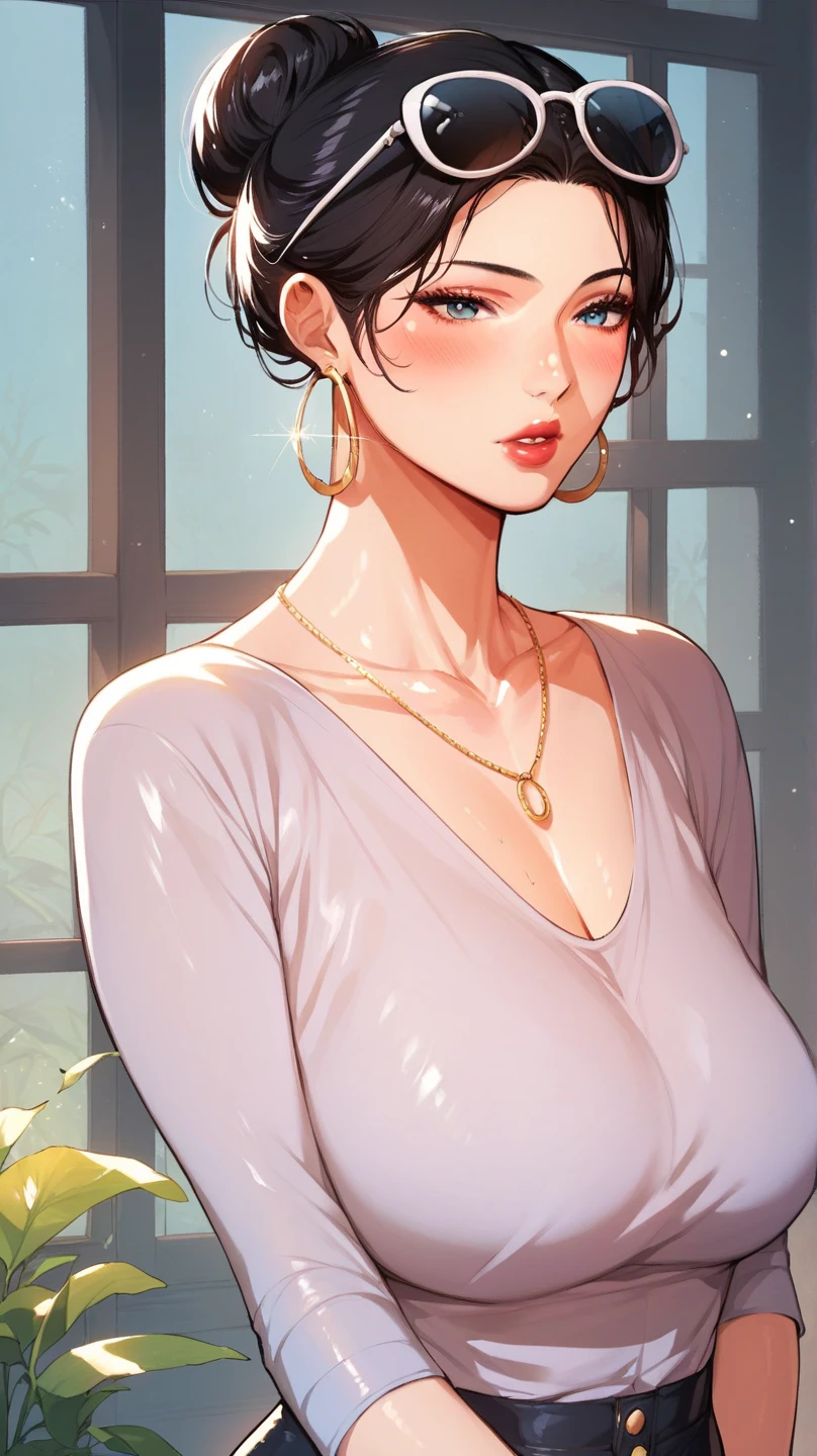 Cute beautiful nari, black eyes, black hair, short hair, big breasts, , hoops earrings ,school dress, glossy lips,