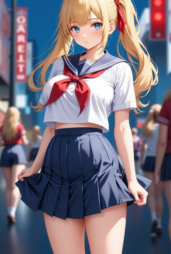 (masterpiece), best quality, expressive eyes, perfect face,girl, 1 girl, 18yo, Blonde, twintails, (big titts), dark blue eyes, (serious high school girl), school uniform,  sailor suit, middy uniform, (white shirt), red ribbon, (((((walking street))))), wet hair, standing, (brown school shoes), (full body), ((tsurime)), long shot, smile, ((( evening cityscape))), Vivid street lights and neon signs, ((((( shot from the side)))))