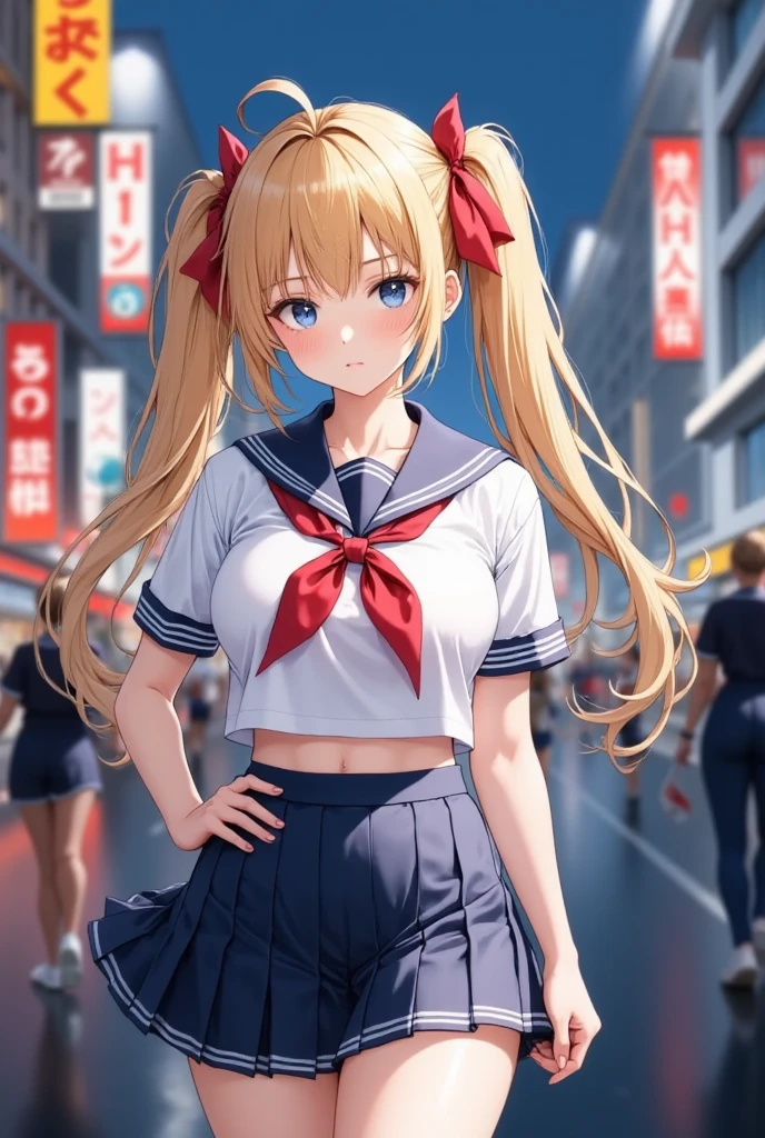 (masterpiece), best quality, expressive eyes, perfect face,girl, 1 girl, 18yo, Blonde, twintails, (big titts), dark blue eyes, (serious high school girl), school uniform,  sailor suit, middy uniform, (white shirt), red ribbon, (((((walking street))))), wet hair, standing, (brown school shoes), (full body), ((tsurime)), long shot, smile, ((( evening cityscape))), Vivid street lights and neon signs, ((((( shot from the side)))))