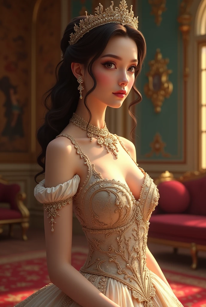 Buffy Tyler, wearing ball gown costume transparent. professionally retouched, soft lighting, realistic, smooth face, perfect eyes, sharp focus on eyes, 8 k, high definition, insanely detailed, intricate, elegant. against the background of the ballroom.
