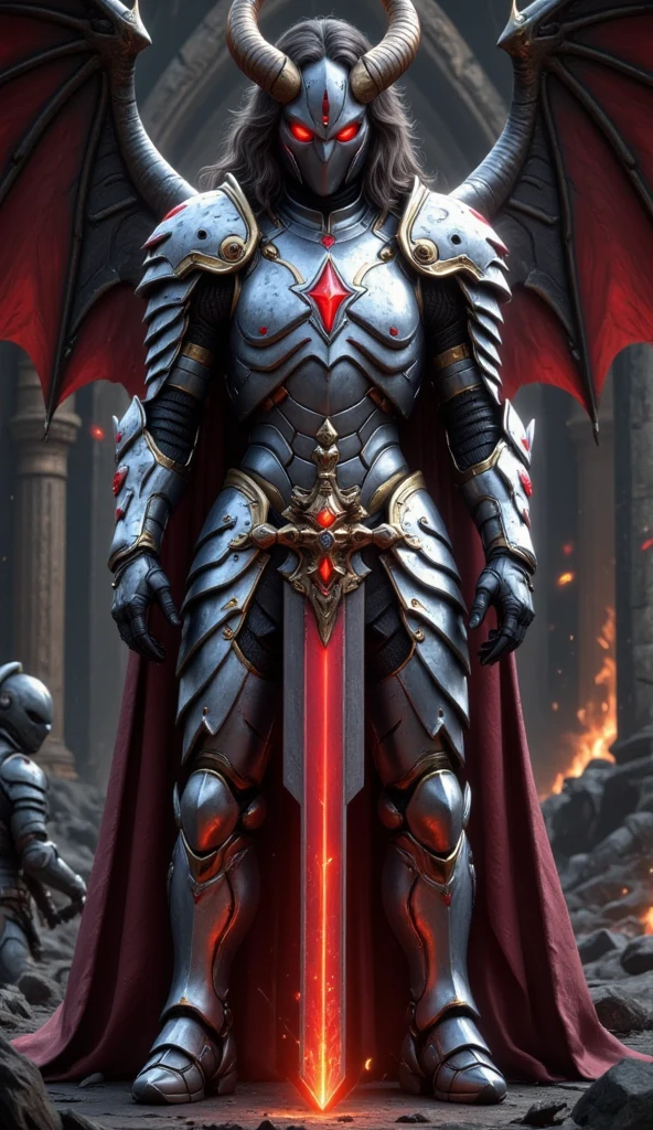  is possessed by a demon, a holy knight commander.A full-body image of an adult male . muscular body . wearing sacred white gold holy knight armor . Eyes Deep Red . standing inside a mysterious black and red church.Bold composition . full body image A deep red glow in the eyes。 He boldly stands in a mysterious black and red church ， composition underlines his majestic presence 。 lights are very striking ， shadows cast by him highlight his armor and the church's bizarre atmosphere ，Mecharobot，robot，Mecha， Cyberpunk 