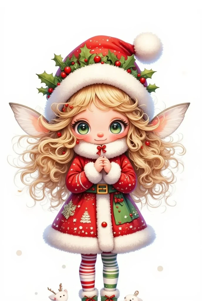 A cartoon cute girl 。 big green eyes 。 has very long long blond hair。With a Christmas hat。Wear a dress with Christmas elements。