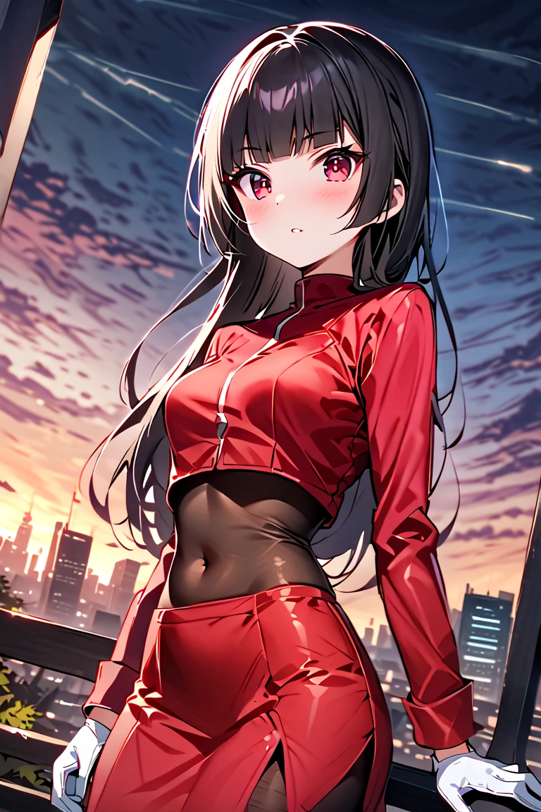 ( top quality, 4K, masterpiece :1.3),  beautiful women,  1 girl, (Chest, Attractive body :1.2),  super detailed face,  beautiful eyes, score_9, score_8_up, score_7_up,  source_Anime,
 Pokemon Sabrina ,  Pokemon Sabrina ,  black hair,  long hair, bangs, blunt bangs, Tree Eyes,  red eyes, hime cut,  side lock, white pupils,
 jacket,  crop top,  bodysuit ,  covered navel , midriff, red  jacket,  turtleneck ,  side slits,  gloves, white  gloves,  Long Sleeve ,  Pantyhose,  skirt, red  skirt,  boots, red  boots, socks, yellow socks, knee socks,
 outdoor, cityscape,
 watching viewers,  Cowboy Shot ,  Dutch Angle ,