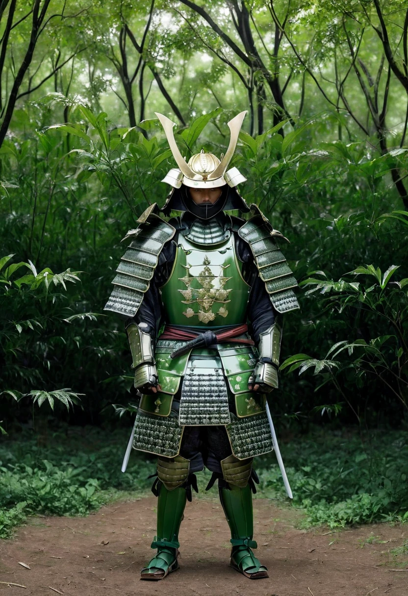 one white man, blonde hair, whole body head to feet, looking at viewer, stands upright, hands down, Samurai Armor and helmet,Armor and helmet are made of green moth and trees,Armor color all green with made of green trees,no metal,shiny armor, deep forest background,8K, realism