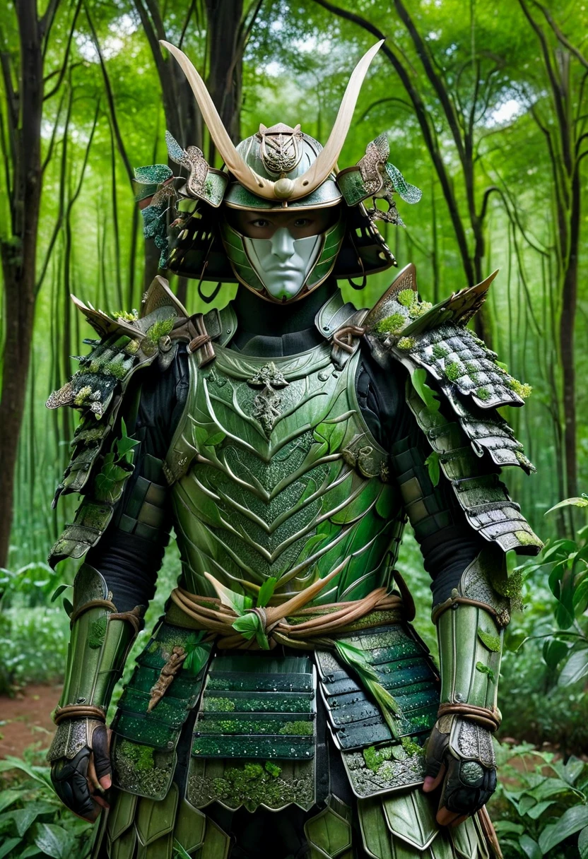 one white man, blonde hair, whole body head to feet, looking at viewer, stands upright, hands down, Samurai Armor and helmet,Armor and helmet are made of green moth and trees,Armor color all green with made of green trees,no metal,shiny armor, deep forest background,8K, realism