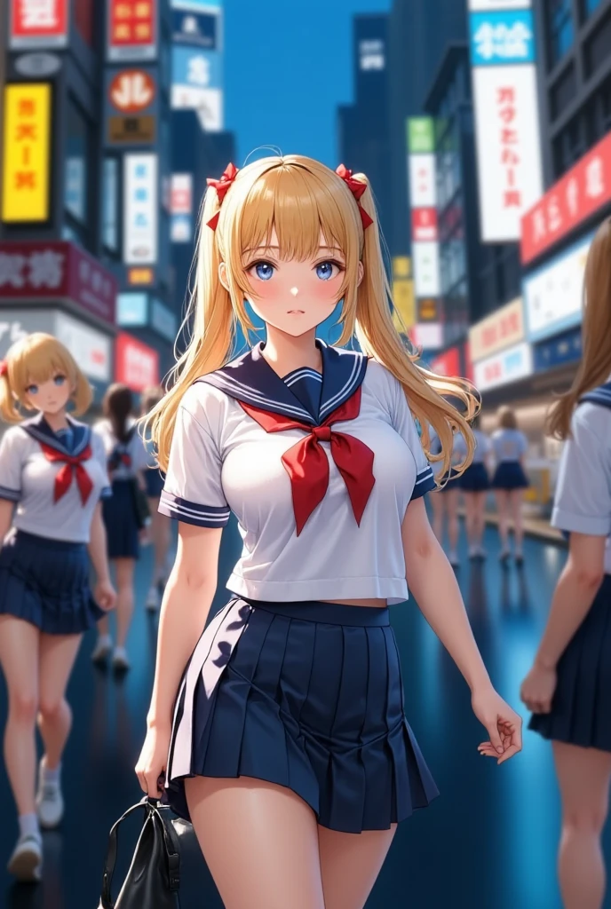 (masterpiece), best quality, expressive eyes, perfect face,girl, 1 girl, 18yo, Blonde, twintails, (big titts), dark blue eyes, (serious high school girl), school uniform,  sailor suit, middy uniform, (white shirt), red ribbon, (((((walking street))))), wet hair, standing, (brown school shoes), (full body), ((tsurime)), long shot, smile, ((( evening cityscape))), Vivid street lights and neon signs, ((((( shot from the side))))), profile