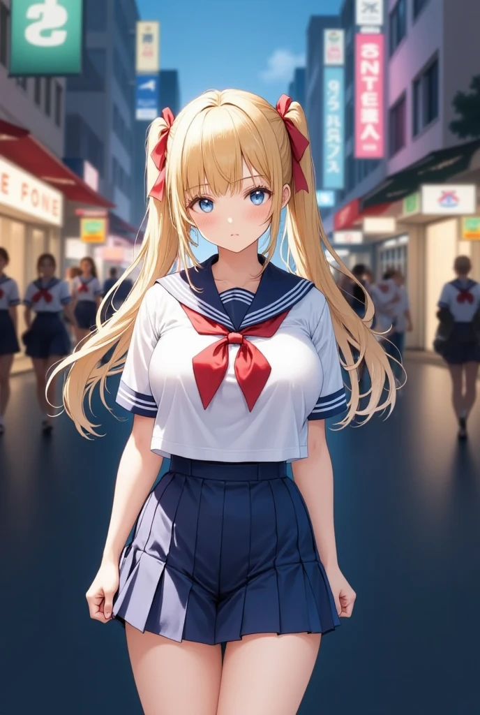 (masterpiece), best quality, expressive eyes, perfect face,girl, 1 girl, 18yo, Blonde, twintails, (big titts), dark blue eyes, (serious high school girl), school uniform,  sailor suit, middy uniform, (white shirt), red ribbon, (((((walking street))))), wet hair, standing, (brown school shoes), (full body), ((tsurime)), long shot, smile, ((( evening cityscape))), Vivid street lights and neon signs, ((((( shot from the side))))), profile