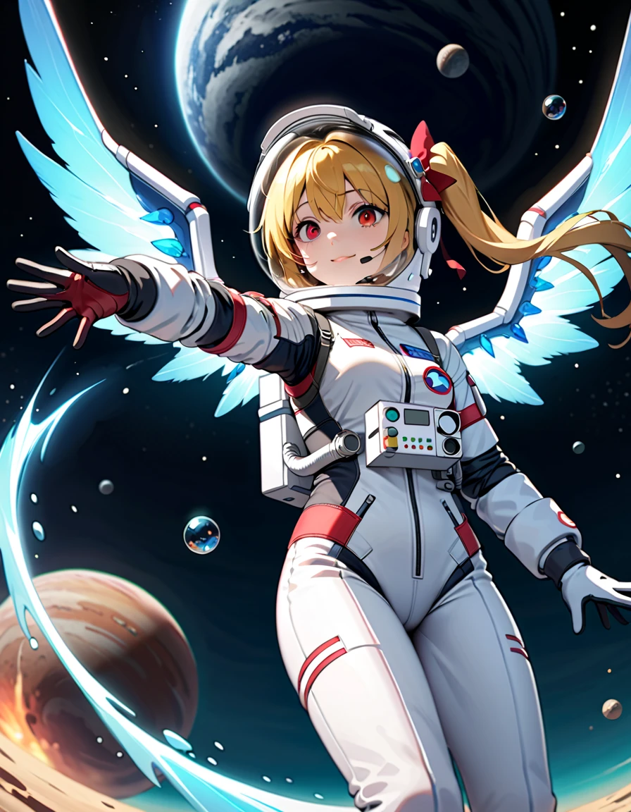 (Space suit:1.15), White sweatpants , astronaut)bubble helmet, space helmet, Gloves ,looking closely at you , Outer Space, floating, masterpiece, top quality, 1girl, beautiful, Image from below , solo , flandre scarlet, blonde hair, side ponytail, red eyes, hair bow, red bow, hair between eyes, slit pupils, white headwear,wings, crystal, crystal wings,, difficulty breathing, Smile, wave, fullbody