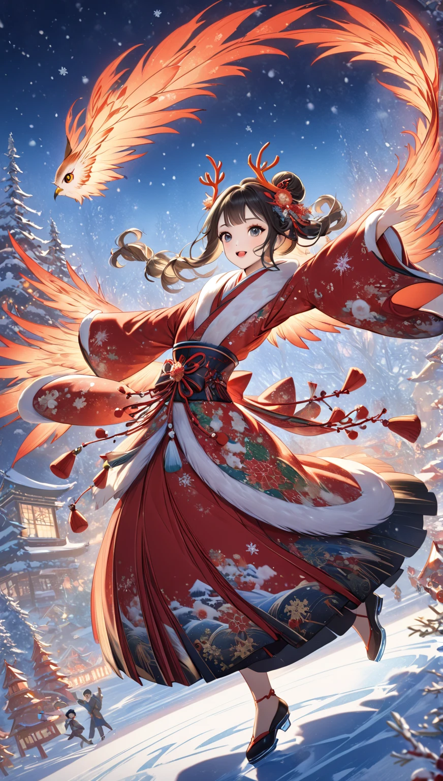 masterpiece  :1.2，  christmas illustration， ((Dancing on ice  ))，    fantasy world  ,     Japanese Style  , ((Incarnation of Fire:1.1))，     Details，  Christmas Winter Scenery ，An owl is flapping its wings   ，     amazing  ，     professional photos    ，