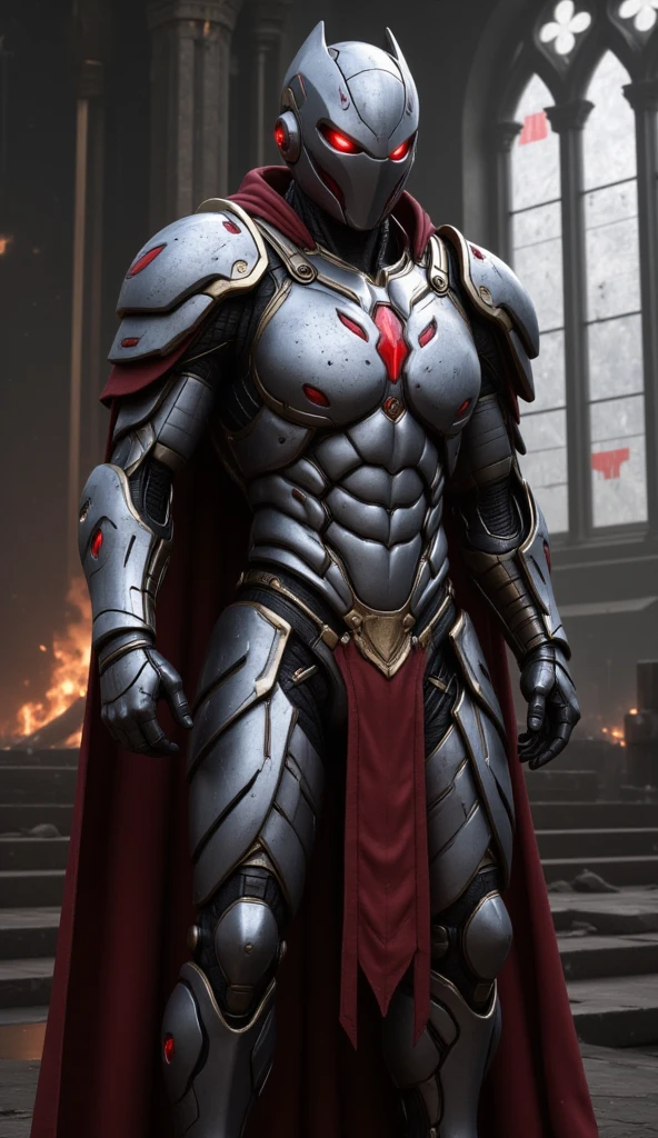  is possessed by a demon, a holy knight commander.A full-body image of an adult male . muscular body . wearing sacred white gold holy knight armor . Eyes Deep Red . standing inside a mysterious black and red church.Bold composition . full body image A deep red glow in the eyes。 He boldly stands in a mysterious black and red church ， composition underlines his majestic presence 。 lights are very striking ， shadows cast by him highlight his armor and the church's bizarre atmosphere ，Mecharobot，robot，Mecha， Cyberpunk 