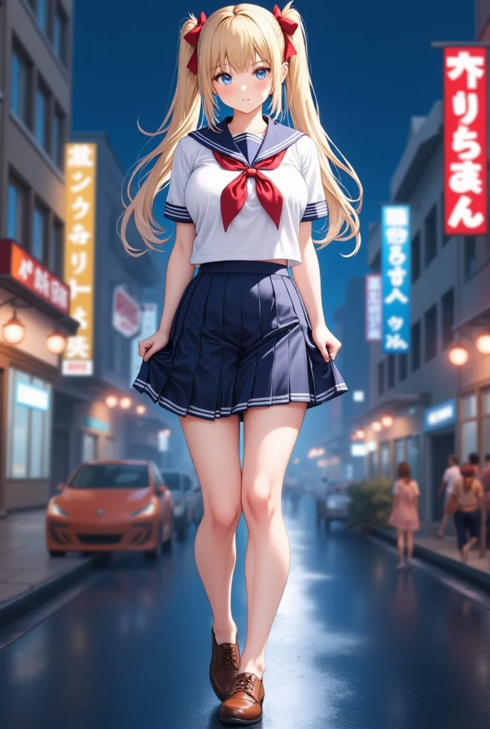 (masterpiece), best quality, expressive eyes, perfect face,girl, 1 girl, 18yo, Blonde, twintails, (big titts), dark blue eyes, (serious high school girl), school uniform,  sailor suit, middy uniform, (white shirt), red ribbon, walking street, wet hair, standing, (brown school shoes), (full body), ((tsurime)), long shot, smile, ((( evening cityscape))), Vivid street lights and neon signs, ((((( shot from the side))))), profile