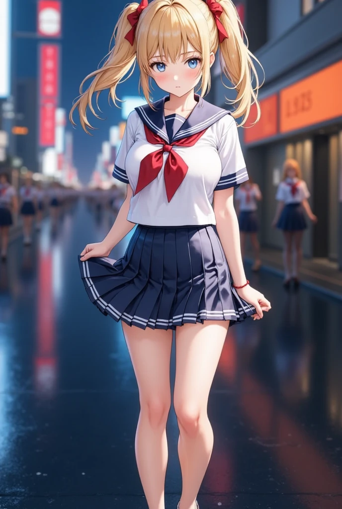 (masterpiece), best quality, expressive eyes, perfect face,girl, 1 girl, 18yo, Blonde, twintails, (big titts), dark blue eyes, (serious high school girl), school uniform,  sailor suit, middy uniform, (white shirt), red ribbon, walking street, wet hair, standing, (brown school shoes), (full body), ((tsurime)), long shot, smile, ((( evening cityscape))), Vivid street lights and neon signs, ((((( shot from the side))))), profile