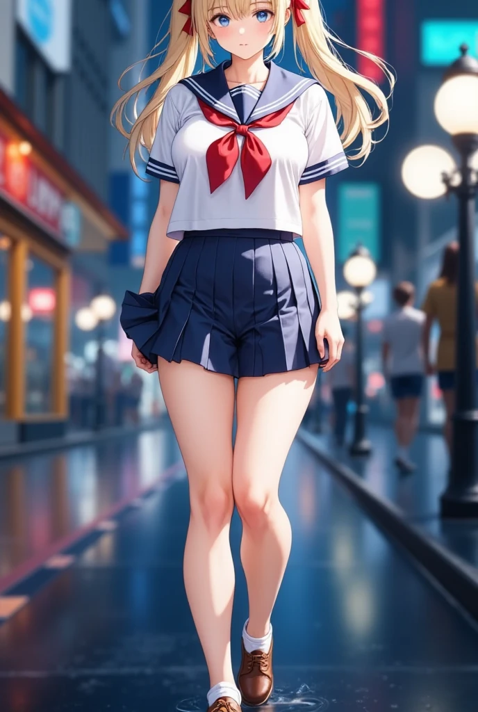 (masterpiece), best quality, expressive eyes, perfect face,girl, 1 girl, 18yo, Blonde, twintails, (big titts), dark blue eyes, (serious high school girl), school uniform,  sailor suit, middy uniform, (white shirt), red ribbon, walking street, wet hair, standing, (brown school shoes), (full body), ((tsurime)), long shot, smile, ((( evening cityscape))), Vivid street lights and neon signs, ((((( shot from the side))))), profile