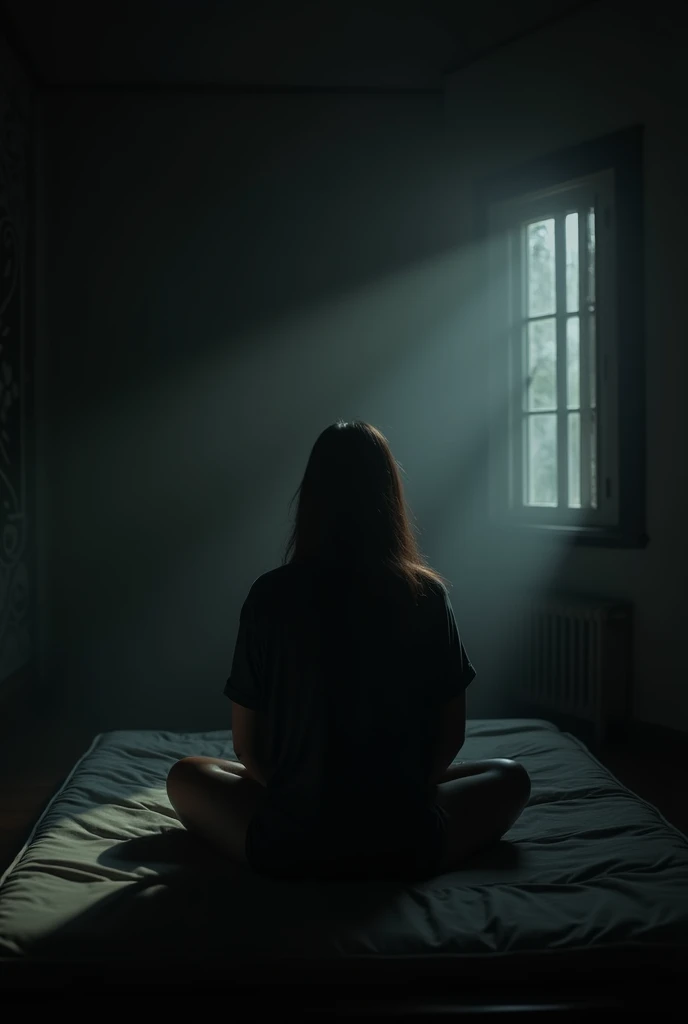 a horror night, i am sitting on a bed in dark room