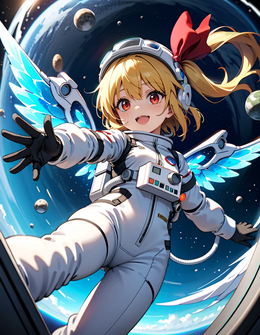 (Space suit:1.15), White sweatpants , astronaut)bubble helmet, space helmet, Gloves ,looking closely at you , Outer Space, floating, masterpiece, top quality, 1girl, beautiful, Image from below , solo ,flanN, flandre scarlet, loli, petite, slim, child,young,younger female, (blonde hair:1.2), side ponytail, red eyes, hair bow, red bow, hair between eyes, slit pupils, white headwear,wings, crystal, crystal wings,, difficulty breathing, Smile, wave, fullbody