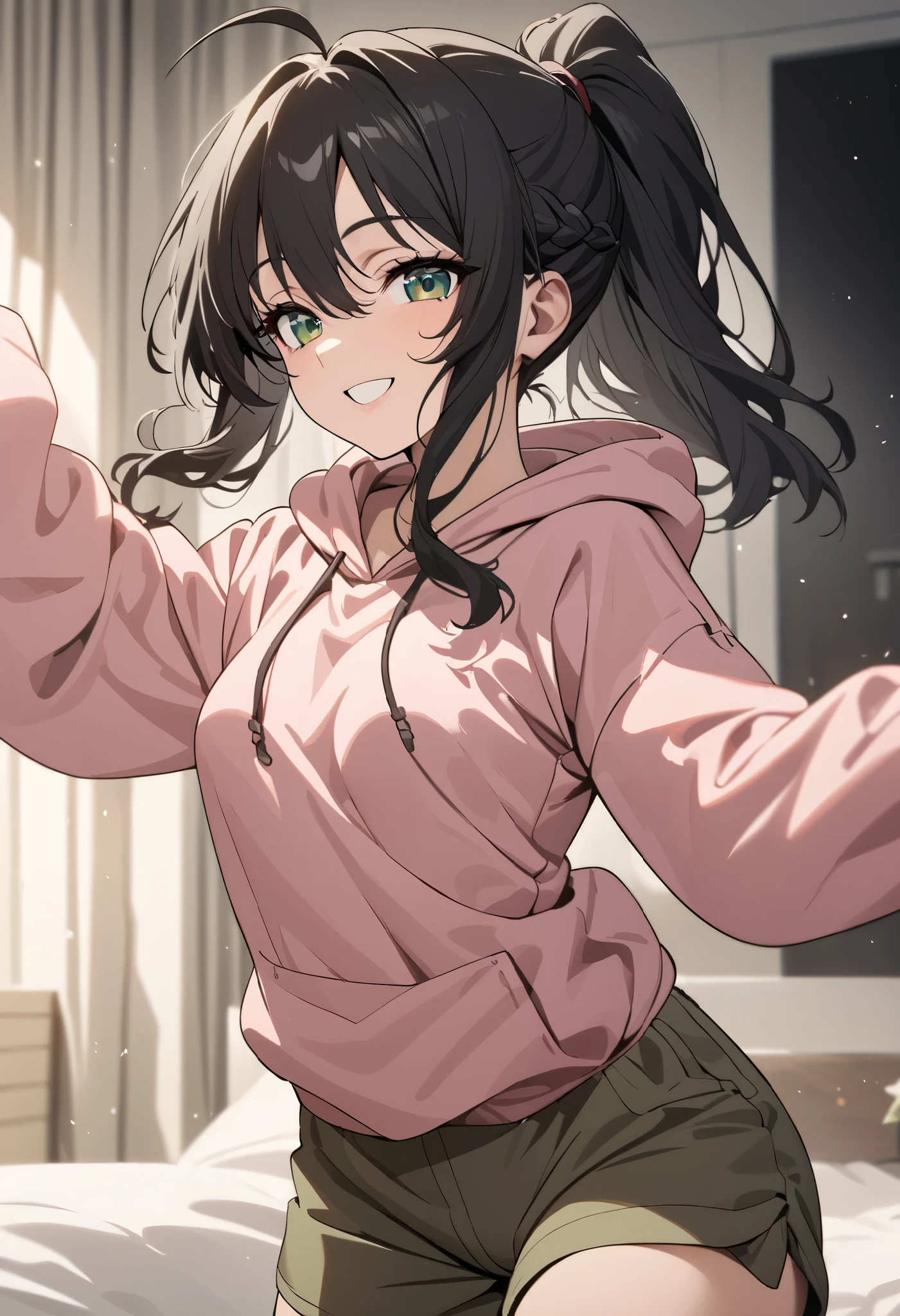 (high-quality, breathtaking),(expressive eyes, perfect face) 1girl, female, solo, mature, half open eyes, Alicization, Symmetrical Eyes, happy smile, ponytail hairstyle, SAO inspired, maomao, cowboy shot, medium full shot, medium-short black hair, bangs, alluring bright green eyes, small breasts, (Oversized pink hoodie), black white and gray palette, gray clothes, hair between eyes, fluffy wavy hair, half open eyes, small Ahoge, black hair color, (tight khaki cargo shorts), looking towards viewer, HD, High quality image, neat and tidy bedroom background, dusty particles floating around, 