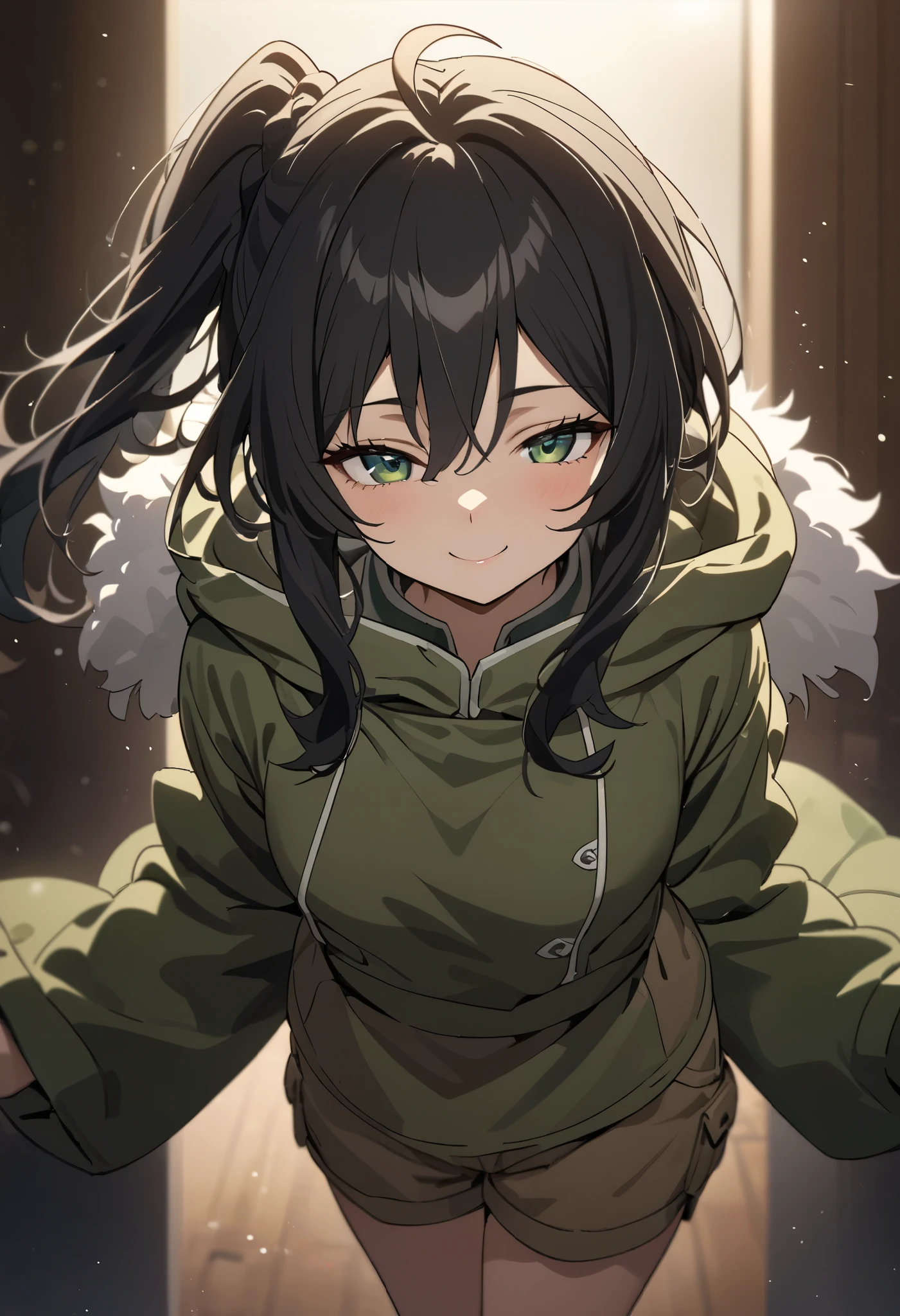 (high-quality, breathtaking),(expressive eyes, perfect face) 1girl, female, solo, mature, half open eyes, Alicization, Symmetrical Eyes, happy smile, side ponytail hairstyle, SAO inspired, maomao, cowboy shot, medium full shot, medium-short black hair, bangs, alluring bright green eyes, small breasts, Oversized winter parka jacket, hair between eyes, fluffy wavy hair, small Ahoge, black hair color, (khaki cargo shorts), looking towards viewer, HD, High quality image, neat and tidy bedroom background, dusty particles floating around, 