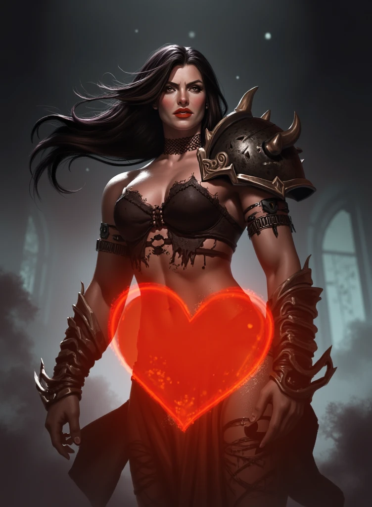 rutkowski style, painting, orc woman with long black hair and dark shaded eyes with striking gaze under eyelashes, she is wearing ornate black armor with silver edges and damaged chainmail armor, dark and eerie atmosphere, demonic, muscular, strong, seductive