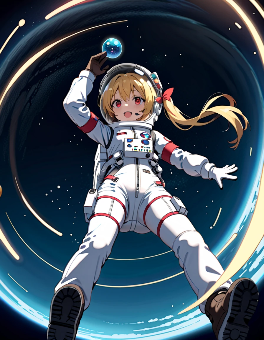 (Space suit:1.15), White sweatpants , astronaut)bubble helmet, space helmet, Gloves ,looking closely at you , Outer Space, floating, masterpiece, top quality, 1girl, beautiful, Image from below , solo ,flanN, flandre scarlet, loli, petite, slim, child,young,younger female, (blonde hair:1.2), side ponytail, red eyes, hair bow, red bow, hair between eyes, slit pupils, white headwear,difficulty breathing, Smile, wave, fullbody