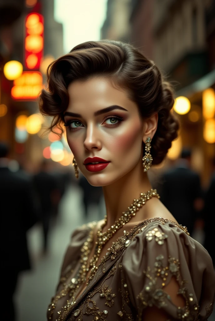 1 beautiful woman in 1940s New York City, wearing Dior haute couture dress, elegant jewelry, detailed makeup, intricate hairstyle, photorealistic, 8K, highly detailed, cinematic lighting, warm color palette, dramatic contrast, chiaroscuro lighting, refined, elegant, glamorous