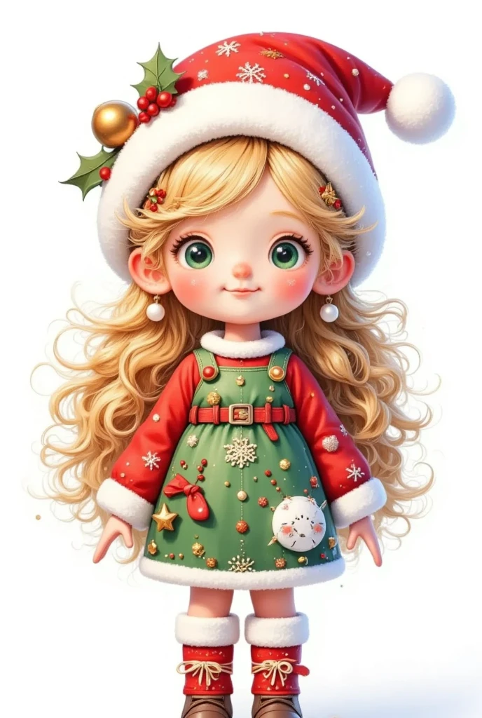  model figure。3D dolls。3D Rendering。A cartoon cute girl 。 big green eyes 。 has very long long blond hair。With a Christmas hat。Wear a dress with Christmas elements。