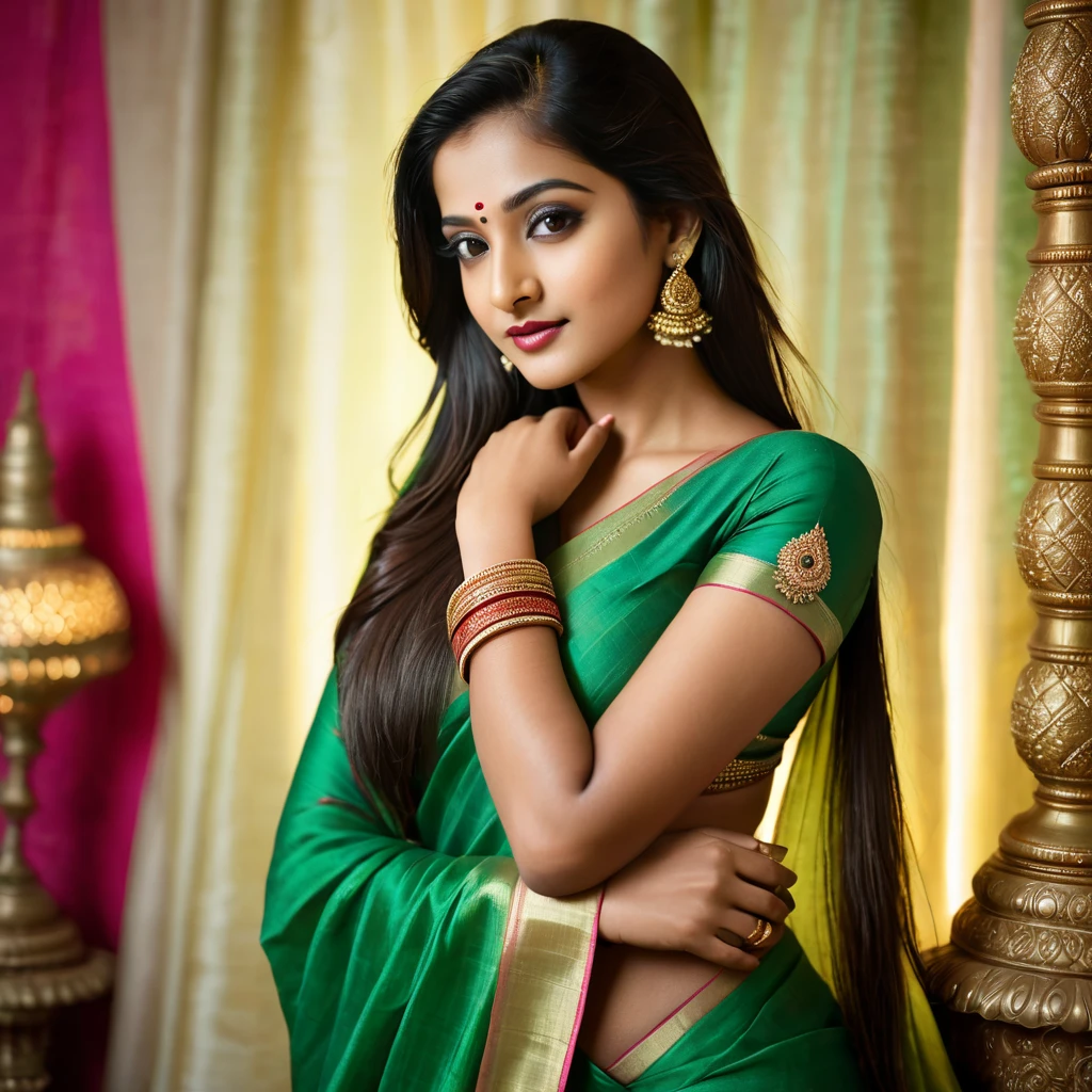 "A young woman stands gracefully, wearing a rich golden-brown silk saree that drapes elegantly over her shoulder. She is adorned with traditional green bangles and a matching green blouse. Her long, straight hair cascades over her shoulder, and she holds her hand near her face in a soft, thoughtful pose. Her makeup is subtle yet striking, with deep red lipstick and a small black bindi on her forehead, highlighting her features. Behind her, the backdrop consists of pastel drapes in light pink and mint green, creating a soft and festive ambiance. To the side, a decorative arrangement of artificial flowers adds a warm touch, balancing the golden hues of the scene. The lighting softly illuminates her skin, giving her a radiant and graceful appearance, exuding both tradition and poise."