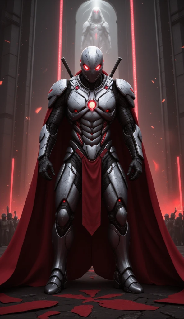  is possessed by a demon, a holy knight commander.A full-body image of an adult male . muscular body . wearing sacred white gold holy knight armor . Eyes Deep Red . standing inside a mysterious black and red church.Bold composition .COUNTLESS KNIGHT FOLLOWERS. full body image A deep red glow in the eyes。 He boldly stands in a mysterious black and red church ， composition underlines his majestic presence 。 lights are very striking ， shadows cast by him highlight his armor and the church's bizarre atmosphere ，Mecharobot，robot，Mecha， Cyberpunk 