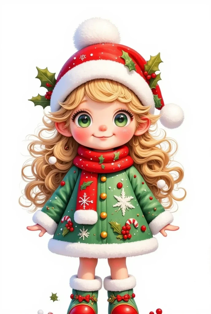  model figure。3D dolls。3D Rendering。A cartoon cute girl 。 big green eyes 。 has very long long blond hair。With a Christmas hat。Wear a dress with Christmas elements。green booties。