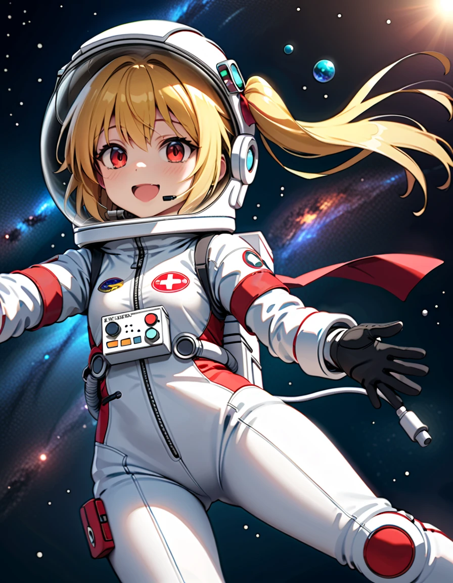 (Space suit:1.15), White sweatpants , astronaut)bubble helmet, space helmet, Gloves ,looking closely at you , Outer Space, floating, masterpiece, top quality, 1girl, beautiful,solo ,flanN, flandre scarlet, loli, petite, slim, child,young,younger female, (blonde hair:1.2), side ponytail, red eyes, hair bow, red bow, hair between eyes, slit pupils, white headwear,difficulty breathing, Smile, wave, fullbody