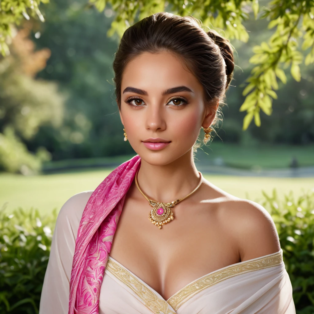 "Create a highly realistic photograph of a young woman with a medium skin tone, dark brown eyes, and dark brown hair styled in a neat, voluminous updo. She has a calm and confident expression, with natural makeup, well-groomed eyebrows, and soft pink lips. She is wearing a traditional white outfit with intricate golden embroidery patterns and a bright pink scarf draped around her neck and shoulders. The setting is an outdoor park during daytime, with green bushes, trees, and grass in the background. The lighting is soft and diffused, capturing a serene, natural environment with clear details on the subject's face and attire."