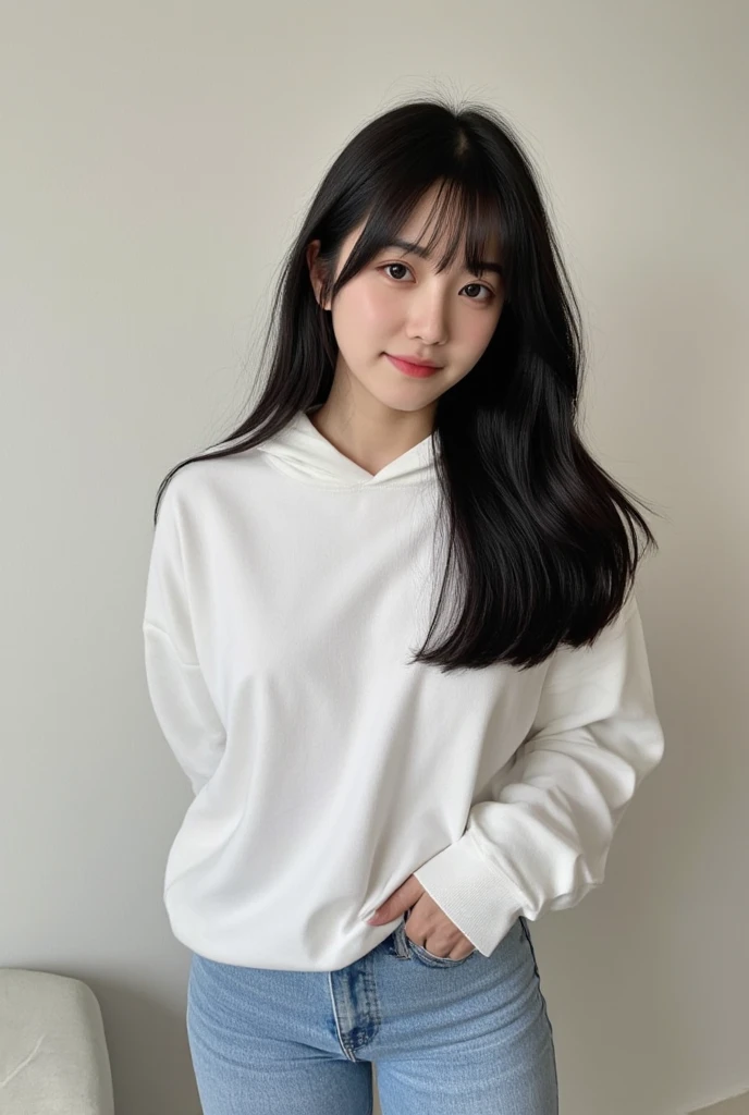 highest quality, Realistic, Very detailed, Finer details, High resolution, 8k wallpaper, One beautiful woman Standing in the house:1.3(white wall background), smile, Oversized hoodie, Skinny jeans, Black Hair, Beautiful Bangs, Perfect dynamic composition, Beautiful and detailed, A big smile waiting to start. Selfie shot.