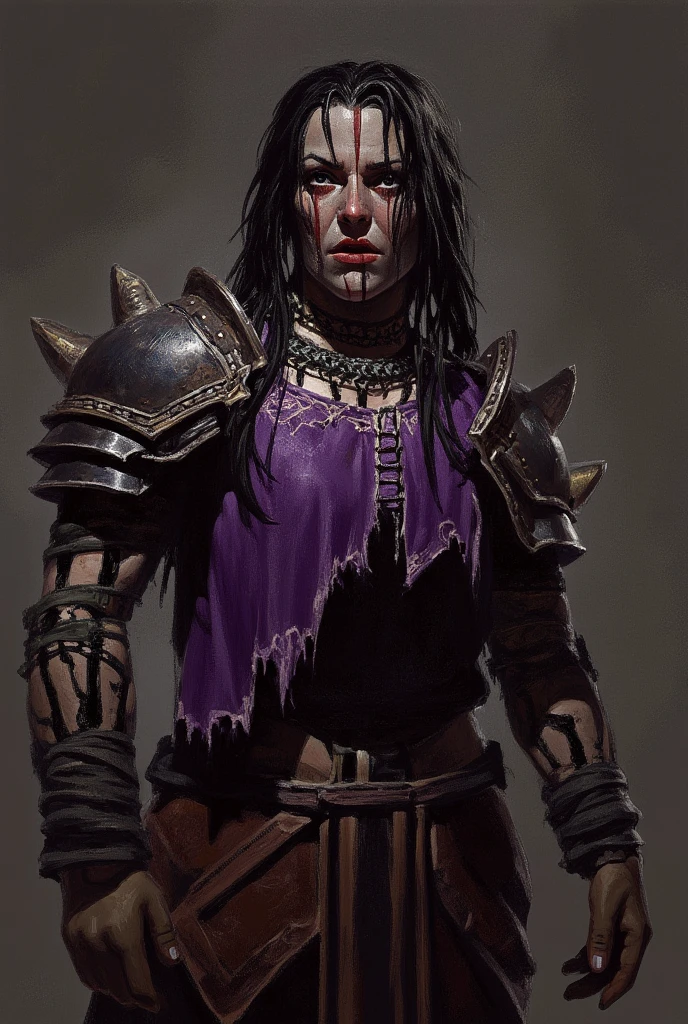 rutkowski style, painting, woman with long black hair and dark shaded eyes with striking gaze under eyelashes, she is wearing ornate but torn and deformed purple armor with silver edges and damaged chainmail armor, dark and eerie atmosphere, demonic, orc woman